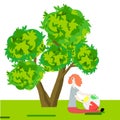 Girl sitting with beach ball under green tree on white background. Grey and red sketch design element